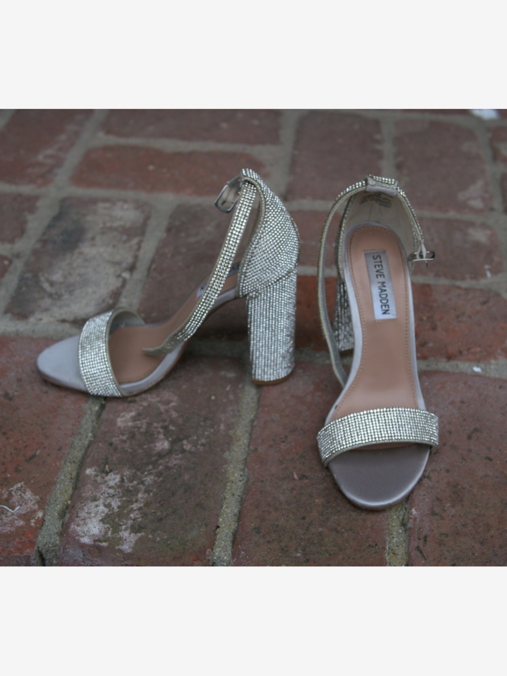 Steve Madden Silver Crystal Block Heel Sandals